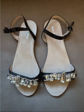 Miu Miu Black Jeweled Patent Leather Flat Sandals